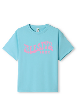 NEW PUFF PRINT STROKE TEES  - AQUA/PINK